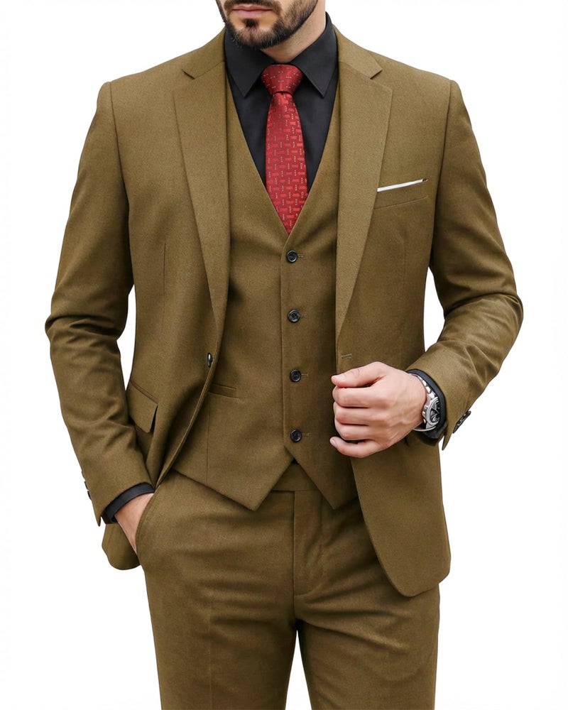 MYS MY'S Men's 3 Piece Suit Set with Tie, One Button Slim Fit Solid Jacket Vest Pants, Prom Party Wedding Business Suits for Men, Khaki XX-Large - Image 1